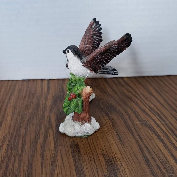 Two Small Ceramic Chickadees on Holly Log with Snow - Picture 3 of 5